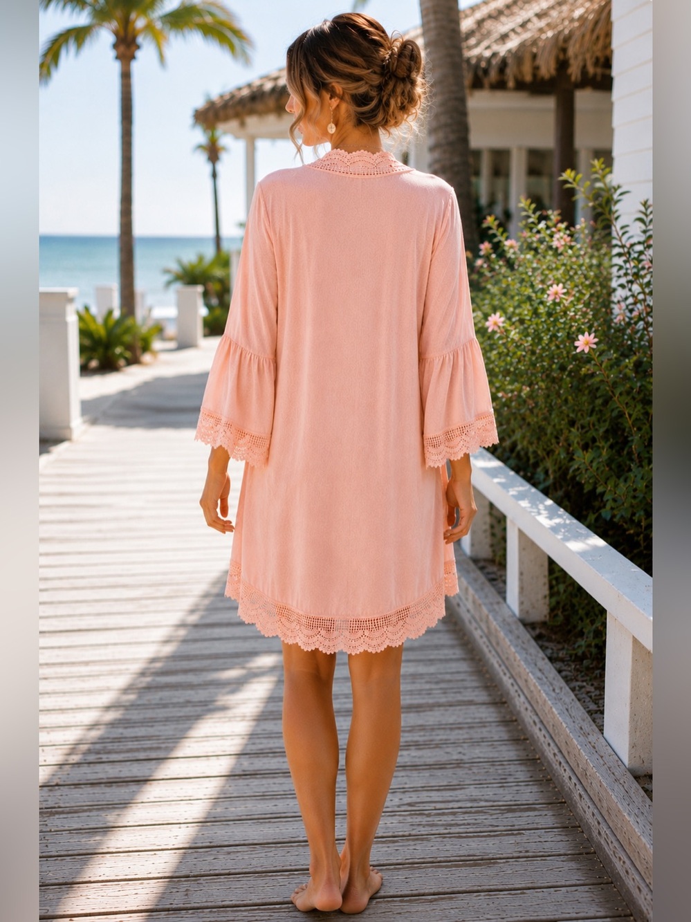 Spadehill Blush Pink Crochet Lace Trim Bell Sleeve Kimono Cardigan M - Picture 3 of 17